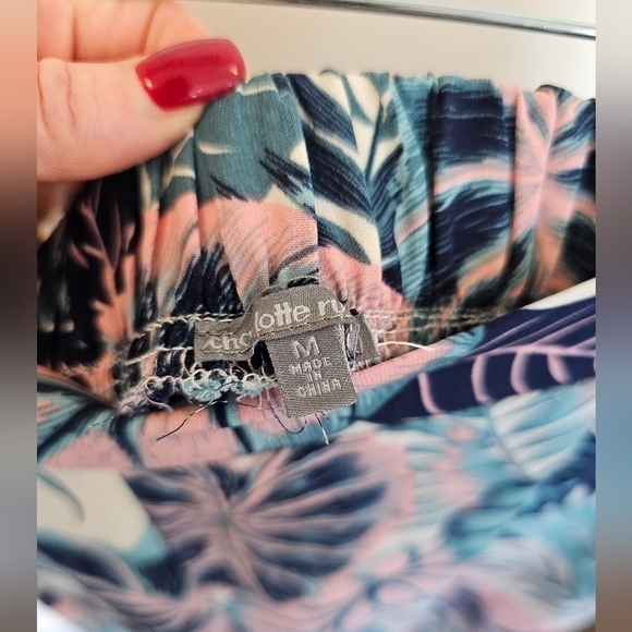 Charlotte Russe Teal Pink Ivory Tropical Floral Print Flowy Wide Leg Pants - Picture 4 of 6